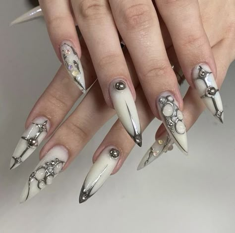 2023 Stilleto Nails, White Grunge Nails, Cybersigilism Nails, Stilleto Nails Designs, Hippie Nails, Punk Nails, Gothic Nails, Anime Nails, Edgy Nails