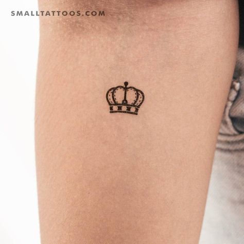 Queen crown temporary tattoo done on the inner forearm. Charlotte Crown Tattoo, Tiny Crown Tattoos For Women, Prince Crown Tattoo, Fine Line Crown Tattoo, 24 Tattoo, King Crown Tattoo, Crown Tattoos For Women, Queen Crown Tattoo, Small Crown Tattoo