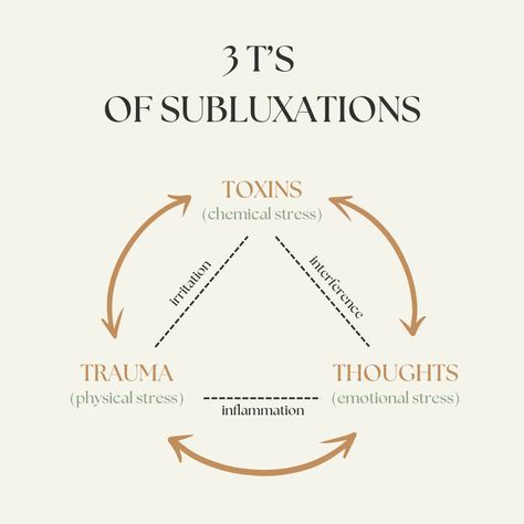 The 3 T's of Subluxations: Trauma, Toxins, and Thoughts—these three key stressors (physical, chemical, and emotional) are major contributors to spinal subluxations, which can lead to nerve interference and impact your overall health. Trauma, such as injuries or poor posture, toxins from our environment or food, and even negative thoughts or emotional stress can cause irritation and inflammation in the body. Chiropractic care focuses on addressing these underlying stressors by realigning the ... Chiropractic Art, Chiropractic Quotes, Chiropractic Marketing, Body Inflammation, Family Chiropractic, Chiropractic Care, Poor Posture, Overall Health, Neurology