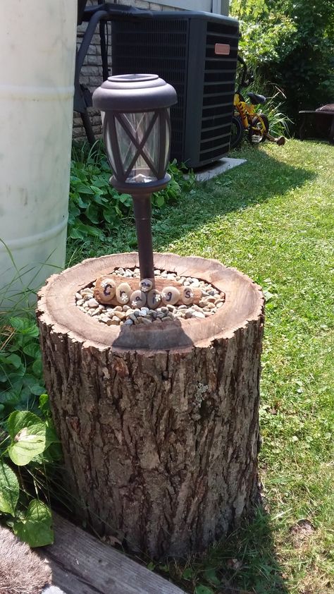 Tree Trunk Landscaping Ideas, Tree Stump Lights, Outdoor Tree Stump Ideas, Tree Stump Plant Stand, Log Yard Decor, Large Log Ideas, Ideas For Tree Stumps In Yard, Tree Trunk Ideas Outdoor, Old Tree Stump Ideas