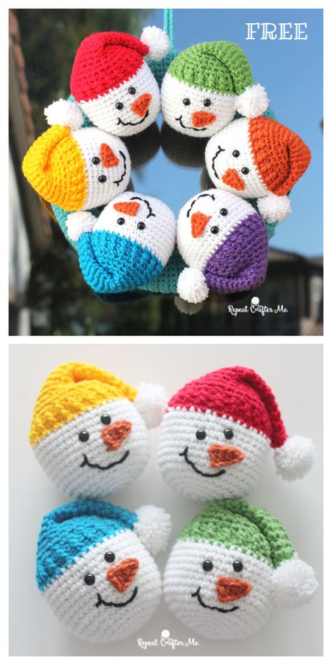 Crochet Snowman Heads Amigurumi Free Pattern - Video Crocheted Snowman, Crochet Christmas Wreath, Crochet Christmas Ornaments Free, Crochet Ornament Patterns, Christmas Crochet Patterns Free, Crochet Snowman, Crochet Santa, Crochet Xmas, Crochet Christmas Decorations