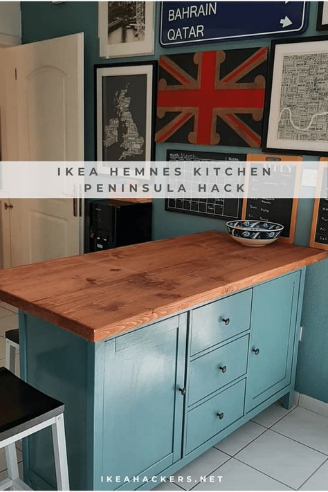 Ikea Peninsula Kitchen, Ikea Hemnes Kitchen, Kitchen Peninsula Decorating Ideas, Sideboard Kitchen Island, Diy Kitchen Sideboard, Kitchen Peninsula Storage, Diy Peninsula Kitchen, Hemnes Sideboard Hack, Ikea Kitchen Peninsula