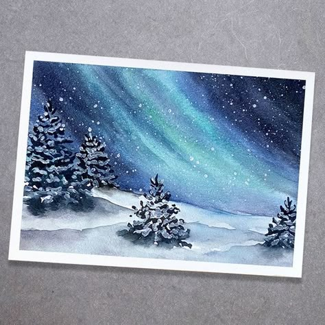 Beginner Watercolor Holiday Card Tutorial - Winter Scene | KINGART Winter Scenes Watercolor, Winter Watercolor Art, Winter Watercolor Tutorials, Winter Watercolor Paintings Easy, January Art Ideas, Winter Watercolor Simple, Watercolor Winter Scenes, Watercolour Night Sky, Watercolor Northern Lights