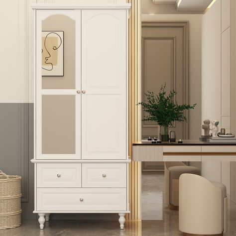 Timechee Wardrobe Armoire Wooden Closet with Mirror Lacquer - On Sale - Bed Bath & Beyond - 36680401 White Wooden Wardrobe, Closet With Mirror, Bedside Vanity, White Armoire, Closet Mirror, Armoire Wardrobe Closet, Wooden Closet, Armoire Wardrobe, 4 Door Wardrobe