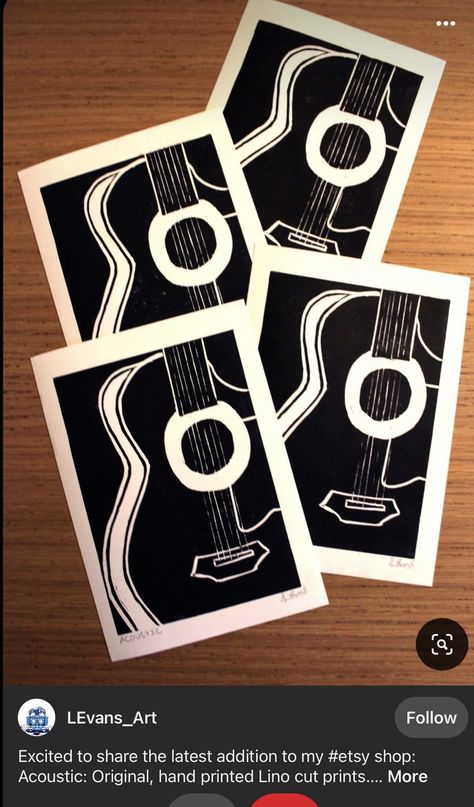 Guitar Linocut, Lino Print Cards, Simple Lino Print Ideas, Easy Lino Print Ideas, Lino Print Ideas Simple, Lino Print Ideas Easy, Linocut Prints Simple, Linocut Art Simple, Lino Cut Prints