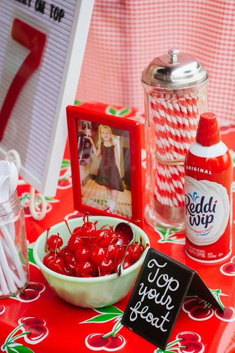 Soda Floats Bar, Coke Float Bar, Soda Shoppe Party Ideas, Soda Float Bar, Cherry On Top Party, Coke Theme Party, Cherry Themed Birthday Party, Cherry Party Theme, Cherry Themed Party