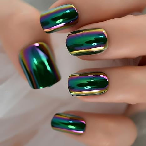 24pcs Metallic Green Laser Holographic Round Press On Nails Medium Faux Ongles Artificial Nail Art Nail Short, Nails Press, Nagel Tips, Nail Type, Metallic Nails, Nail Supplies, Square Head, Fake Nail, Nails Simple