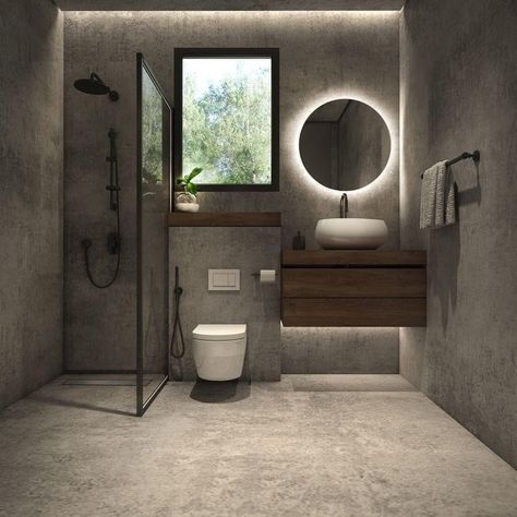 Industrial Contemporary Bathroom, Bathroom Ideas Industrial Modern, Modern Industrial Interior Design Bathroom, Brushed Concrete Bathroom, Cement Interior Design Modern, Small Bathroom Ideas Industrial, Wood And Cement Bathroom, L Bathroom Ideas, Modern Loft Bathroom