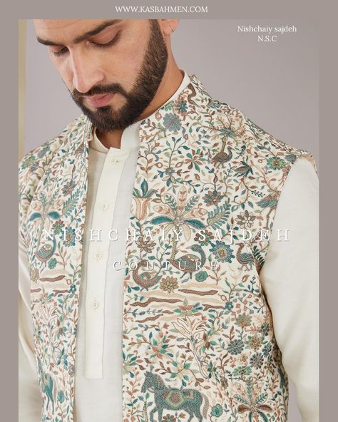 Our exclusive embroidered short nehru jackets and long open shrugs with intricate floral thread work and sequins. Shop now at www.kasbahmen.com Textile Motifs, Nehru Jacket, Nehru Jackets, Embroidered Shorts, Thread Work, Thread, Shop Now, Textiles, Floral