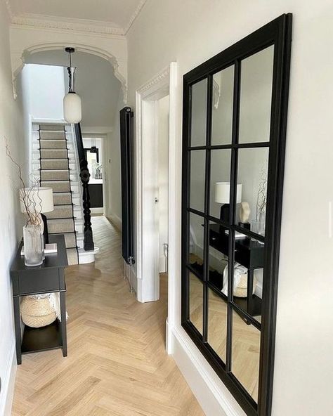 Pagazzi Lighting on Instagram: "A pretty pendant for an inviting hallway 😍" Monochrome Hallway, House Staircase, Monochrome Interior, Pretty Pendant, Instagram A, Oversized Mirror, Hallway, Room Divider, New Homes