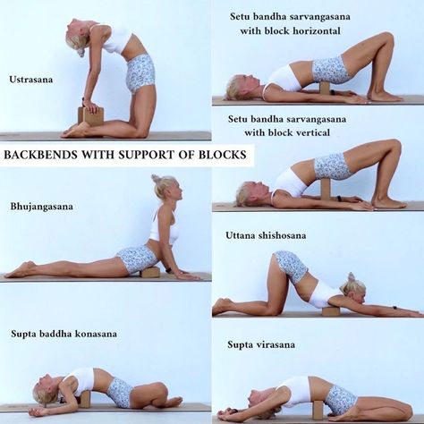 Backbend Yoga Sequence, Yoga Blocks Stretches, Yoga Blocks Poses, Yoga Blocks Exercises, Yoga Backbend, Morning Yoga Routine, Yoga Tutorial, Yoga Lessons, Yoga Techniques