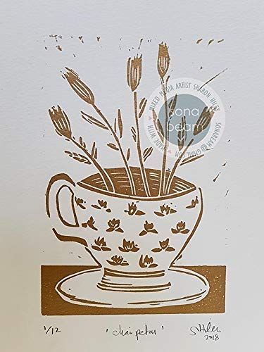 Gold Lino Print, Lino Print Flowers Design, Flower Lino Print, Teacup Lino Print, Eucalyptus Lino Print, West Coast Scotland, Paint Types, Amazon Handmade, Gold Ink