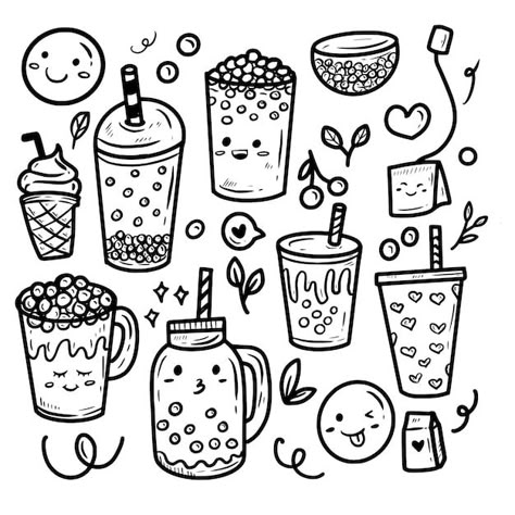 Boba Tattoo Drink, Bubble Tea Drawing Simple, Boba Drawing Simple, Boba Tea Doodle, Bubble Tea Tattoo, Boba Drawings, Bubble Tea Doodle, Boba Doodle, Tea Coloring Pages