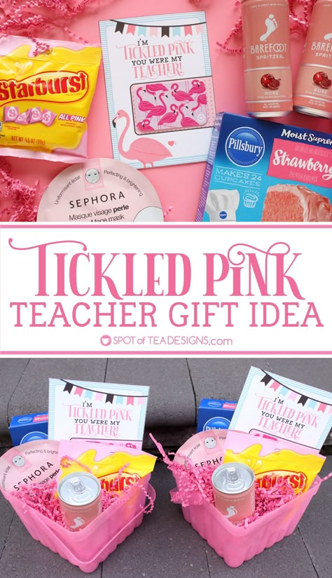 Random Teacher Gifts, Tickled Pink Gift Ideas, Valentine's Teacher Gift Ideas, Teacher Vday Gifts, Teacher Assistant Birthday Gifts, Teachers Valentines Gifts, Valentines Gift Ideas For Teachers, Valentine Teacher Gift Ideas, Pink Teacher Appreciation Gifts