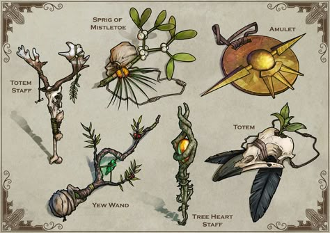 ArtStation - Item Cards: Druid Foci, Michael Fitzhywel Witherbloom Druid, Druid Equipment, Druidic Runes, Druid Items 5e, Arcane Focus Ideas, Druid Magic Items, Arcane Focus Dnd, Druidic Focus, Druid Items