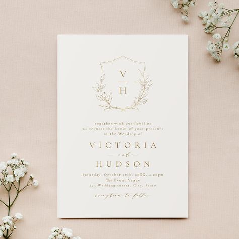 Gold simple botanical crest monogram wedding invitation Winter Wedding Simple, Minimalist Invitation Card, Fall Wedding Couple, Wreath Sketch, Modern Simple Wedding Invitations, Couple Monogram, Modern Luxury Wedding, Font Simple, Leaf Monogram