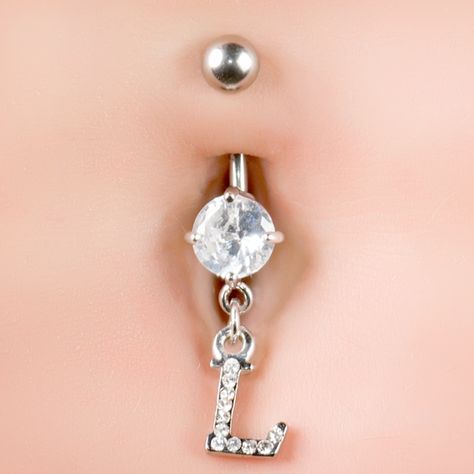 CZ Sparkling Initial L Dangle Belly Button Navel Piercing Ring - 14G Our Price: $8.99 Belly Button Piercing Rings, Navel Piercing Jewelry, Initial L, Initial B, Bellybutton Piercings, Belly Button Piercing Jewelry, Belly Piercing Jewelry, Belly Button Jewelry, Navel Jewelry