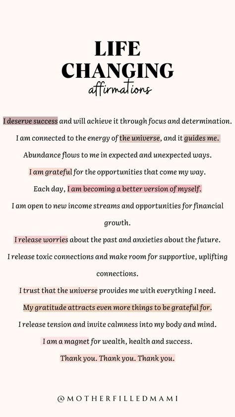 Here are a few life changing affirmations to change your life for the better. We truly do have the power to create a happier life for ourselves. #thankyou #prayer #faith #positiveaffirmations #affirm #affirmations #iamaffirmations #dailyaffirmation #growing #healing #understanding #selflove #selfacceptance #positivity #stayfocused #motivation #inspiration #Motivationa #getup #believeit #receiveit #positiveselftalk #selfcare #positivethinking Affirmation For Change, Boss Lady Affirmations, Affirmations For Change, Elegant Affirmations, Change Affirmations, Life Changing Affirmations, Positive Daily Affirmations, Affirmations Confidence, Motivation Affirmations