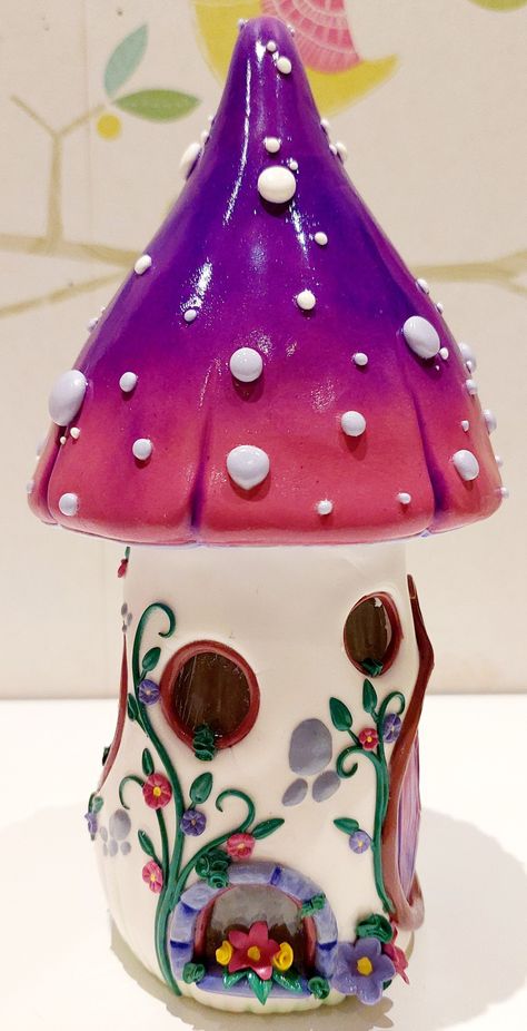 Glass Bottles Art With Clay, Coffee Creamer Bottles, Crayola Model Magic, Creamer Bottles, Mushroom Fairy House, Clay Fairy House, Model Magic, Clay Jar, Paper Mache Clay