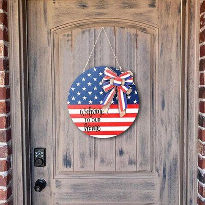 Show patriotism- You can welcome your friends with this beautiful patriotic wreath, show patriotism, and remind them of our religious freedom. It is perfect for everyday decor or special occasions celebrations of America's greatness during Memorial Day and Presidents' Day. | The Holiday Aisle® 4Th Of July Welcome Door Sign, American Independence Day Decorations Round Patriotic Wooden Hanging Sign For Front Door Porch Patriotic Table Runner, Shelf Entryway, Classic Wreath, Porch Door, Wooden Wall Signs, American Independence Day, Independence Day Decoration, Welcome Door Signs, Wood Wreath