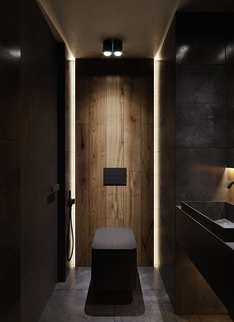 Moody Modern Industrial Interiors With Wood And Concrete Decor Small Toilet Design, Moody Modern, Design Toilet, Modern Industrial Interior, Wc Design, Small Toilet Room, Modern Small Bathrooms, Luxury Master Bathrooms, Dark Bathrooms