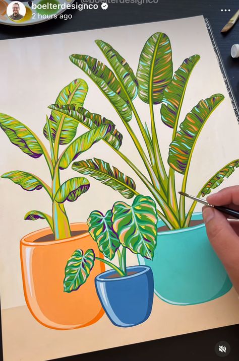 Potted Plants Painting Acrylic, Gouache Techniques, Giant Bird Of Paradise, Philip Boelter, Tropical Artwork, Gouache Art, Banana Tree, Abstract Art Painting Diy, Canvas Painting Designs