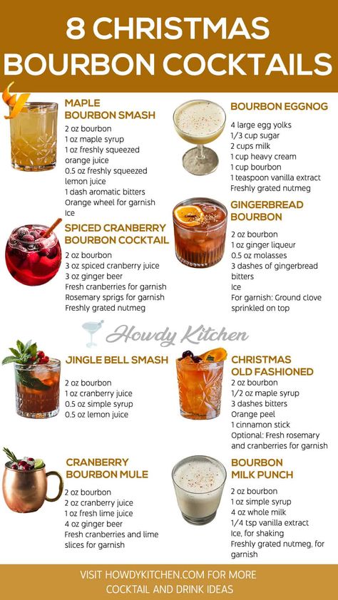 A festive collection of Christmas bourbon cocktails, featuring recipes like Gingerbread Bourbon, Christmas Old Fashioned, and Bourbon Milk Punch, ideal for cozy holiday gatherings. Bourbon Holiday Drinks, Bourbon Cocktail Winter, Christmas Bourbon Cocktails, Xmas Drinks, Classic Drinks, Christmas Drink, Bourbon Drinks, Yummy Alcoholic Drinks, Impressive Recipes