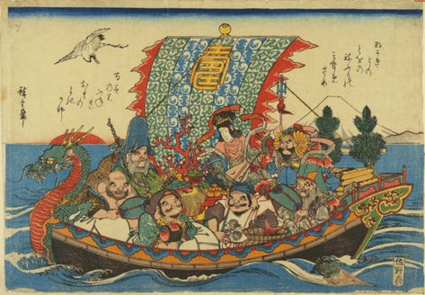 Seven Lucky Gods on Takarabune (Illustration) - Ancient History Encyclopedia Seven Lucky Gods, Treasure Ship, Japanese New Year, Mont Fuji, Japanese Mythology, Utagawa Hiroshige, Japanese Folklore, Japanese Embroidery, Japanese Woodblock Printing