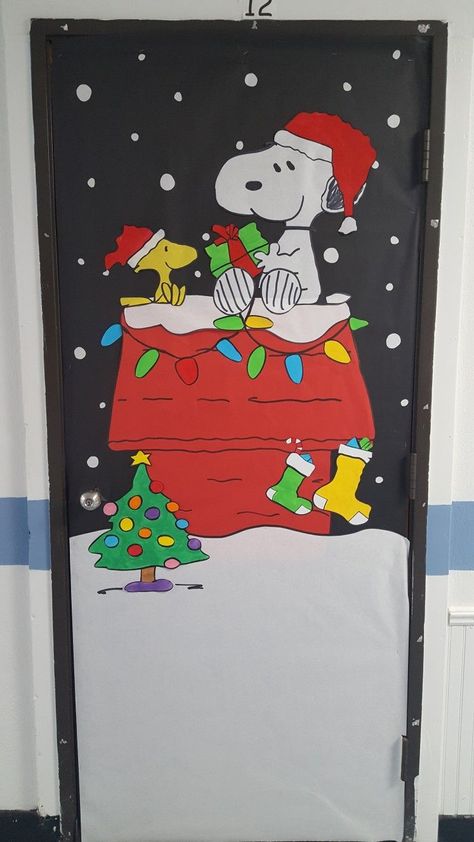 Charlie Brown Bulletin Board Ideas Snoopy Christmas, Snoopy Halloween Classroom Door, Christmas Door Decorations Charlie Brown, Door Design Classroom Christmas, Snoopy Fall Classroom Door, Holiday Teacher Door Decorations, Snoopy Classroom Door Christmas, Peanuts Christmas Classroom Door, Peanuts Classroom Door