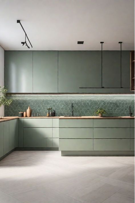 Minimalist kitchen with sage green handleless cabinets Gloss Green Kitchen, Sage Green Kitchen Modern, Modern Sage Green Kitchen, Olive And Wood Kitchen, Innovative Kitchen Design, Neutral Color Kitchen Ideas, Green Splashback Kitchen, Green Kitchen Cabinets Modern, Green In Kitchen