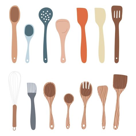 Kitchen tools clipart illustration set | Premium Vector #Freepik #vector #spatula #wooden-spoon #cookware #utensils Utensil Illustration, Tools Clipart, Vector Kitchen, Wooden Ladle, 3d Font, Logo Psd, Technology Icon, Home Icon, Wooden Spoon