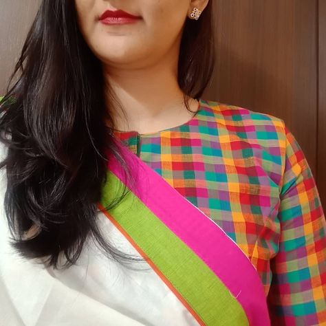 Fully stitched multicoloured chettinad checks blouse. Can be paired perfectly with any plain handloom saree. Size 34 to 42.  For orders and… Silk Checks Saree Blouse Designs, Checks Blouse Designs For Saree, Checked Blouse Designs, Check Saree, Hairstyle Indian, Brocade Blouse Designs, Kalamkari Blouse, Stylish Blouses, Saree Ideas