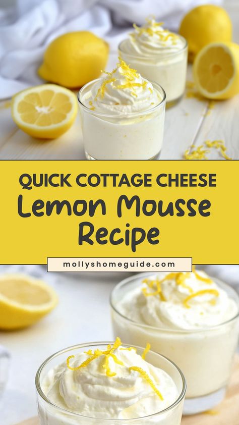 Indulge in the light and refreshing taste of cottage cheese lemon mousse with this easy and delicious recipe. Perfect for a summer dessert or special occasion, this dessert is a delightful blend of creamy cottage cheese and tangy lemon flavor. The smooth texture of the mousse creates a luxurious treat that is sure to impress your guests. Whether you're entertaining friends or simply satisfying your sweet tooth, this cottage cheese lemon mousse is a delightful option that will leave everyone aski Cottage Cheese Custard, Sugar Free Cottage Cheese Desserts, Easy Lemon Mousse, Cottage Cheese Desserts Easy, Blend Cottage Cheese, Lemon Cottage Cheese Dessert, Cottage Cheese Mouse, Blended Cottage Cheese Dessert, Cottage Cheese Chocolate Mousse