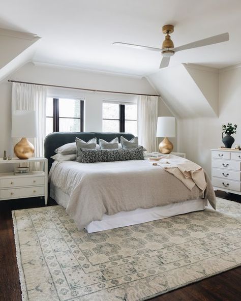 Stoffer Home on Instagram: "The East Grand Rapids primary bedroom is soft and elegant. The touches of gold and antique brass bring warmth and the perfect bit of glam. Looks like the perfect place to relax. #mystofferhomestyle #TheEstablishedHome #MagnoliaNetwork​​​​​​​​ .​​​​​​​​ Design @jeanstofferdesign​​​​​​​​ Photo @stofferphotographyinteriors" Jean Stoffer Design, Jean Stoffer, Led Ceiling Fan, Room Planning, French Inspired, Grand Rapids, Wood Cabinets, Designer Pillow, Wood Construction