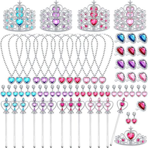 PRICES MAY VARY. Sufficient Princess Cosplay Set: you will receive 12 sets of princess party favors in 4 lovely colors of purple, light blue, rose, pink, 3 sets for each color; And each set includes 1 piece of princess crown, 1 wand,1 ring, 1 necklace, and 1 pair of earrings; The sufficient and practical combination is reliable helper for dressing you up like a princess Shiny and Reliable: the princess party supplies are made of quality acrylic materials, lightweight but sturdy, safe and reliabl Princess Party Activities, Up Party Favors, Funny Photo Props, Birthday Party Goodie Bags, Princess Theme Birthday, Pretend Jewelry, Princess Theme Birthday Party, Dress Up Party, Princess Party Favors