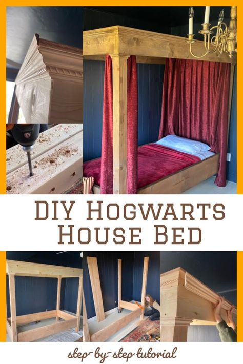 How to Build a Hogwarts House Style Bed - buildsbykristen.com Harry Potter Curtains Bedroom, Harry Potter Four Poster Bed, Harry Potter Bed Room, Harry Potter Boys Room, Hogwarts Lessons, Harry Potter Room Ideas Diy, Harry Potter Bedroom Ideas, Harry Potter Kids Room, Harry Potter Bed