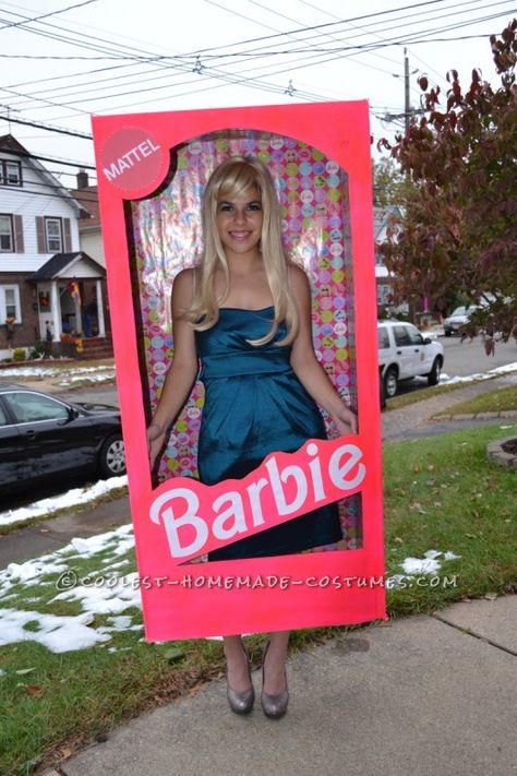 In my high school, Halloween is a big deal! There's a parade and contest, so I knew I would have to be something super awesome if I wanted to win!! Barbie Box Costume, Halloween Costumes For Teachers, Barbie And Ken Costume, Costumes For Teachers, Boxing Halloween Costume, Halloween Costumes You Can Make, Button Craft Ideas, Clever Costumes, Barbie Halloween Costume