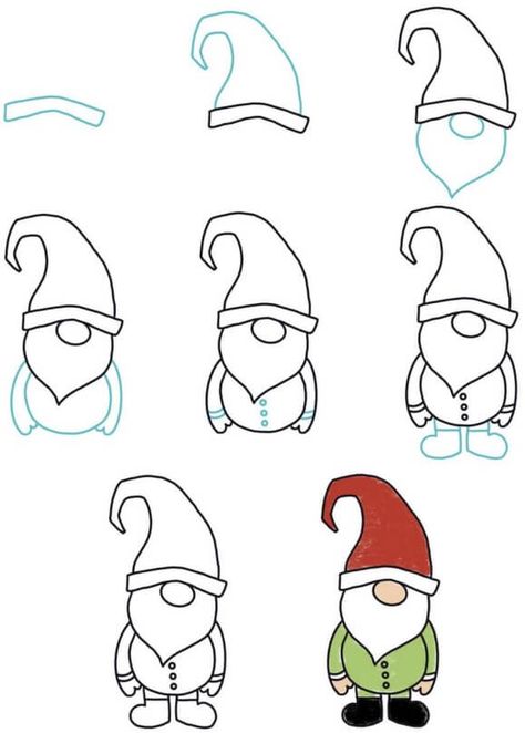 How to draw a gnome - Charcoals Gnome Easy Drawing, Winter Drawings Simple, Gnome Drawing Simple Step By Step, Simple Gnome Drawing, Bujo Doodles Simple, Gnome Drawing Simple, Gnome Sketch, Draw A Gnome, Christmas Pictures To Draw