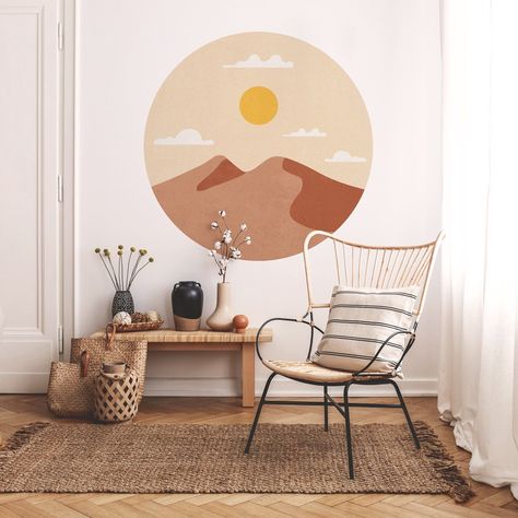 Use light woods, soft textures, and a neutral color palette with pops of muted colors. Circle Mural Wall, Hunters Bedroom, Boho Stickers, Hallway Paint, Adhesive Fabric, Wall Stand, Gym Wall Decal, Sunrise Mountain, Wall Fabric