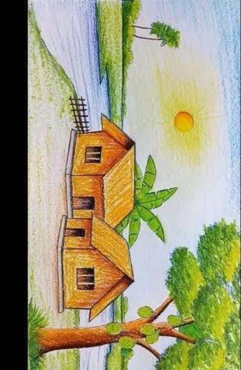 Nature Drawing With Crayons, Pencil Color Drawing Landscape, Landscape Ideas Drawing Coloring, Nature Pictures Drawing Easy, Nature Landscape Drawing Easy, Oil Pastel Drawings Easy Scenery, Nature Pictures Drawing, Easy Scenery Drawing For Kids, House Pencil Drawing