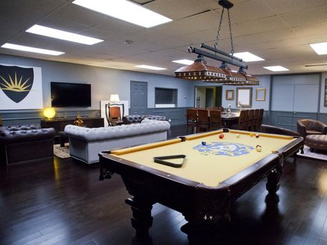 Fraternity House: Sophisticated Billiards Space Pool Table Top, Occidental College, Fraternity House, Barn Plan, Dining Table Makeover, Barn Houses, Hgtv Star, Sorority House, Basement Bar Designs