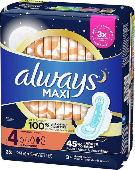 Always Maxi Pads Size 4 Overnight Absorbency Unscented with Wings, 33 Count Always Infinity Pads, Always Maxi Pads, Postpartum Pads, Always Pads, Maxi Pads, Feminine Wipes, Maxi Pad, Incontinence Pads, Intimate Wash