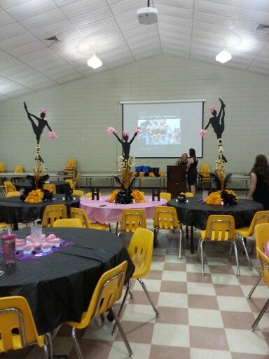 Cheer banquet actual silhouette of flyers and center pieces Cheer Centerpieces, Cheer Celebration, Cheerleading Banquet, Cheer Awards, Cheer Banners, Cheer Snacks, Cheerleader Party, Cheerleading Party, Banquet Centerpieces