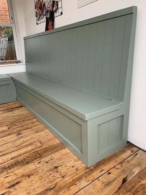 Booth Bench Seating, Painted Banquette Seating, Banquet Bench Seating, Bench Booth Seating, Corner Banquette Seating Dining Room Farmhouse, Green Kitchen Bench, Bonket Seating Dining Room, Green Banquette Seating, Dining Booths In Homes