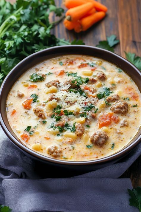 Craving a comforting bowl of soup? This Creamy Parmesan Italian Sausage Soup is a rich, flavorful delight that will warm your soul. Made with hearty sausage and creamy parmesan, it’s a true taste of Italy in every bite. Don’t miss the secret ingredient – full recipe inside. #italiansoup #sausagesoup #creamysoup #parmesansoup #comfortfood #souprecipe Creamy Sweet Potato And Sausage Soup, Sausage And Dumpling Soup, Parmesan Italian Sausage Ditalini Soup, Andouille Soup Recipes, Soup With Andouille Sausage, Creamy Parmesan Italian Sausage Ditalini Soup!, Italian Sausage Pasta Soup, Thick Creamy Soup, Creamy Parmesan Italian Sausage Ditalini