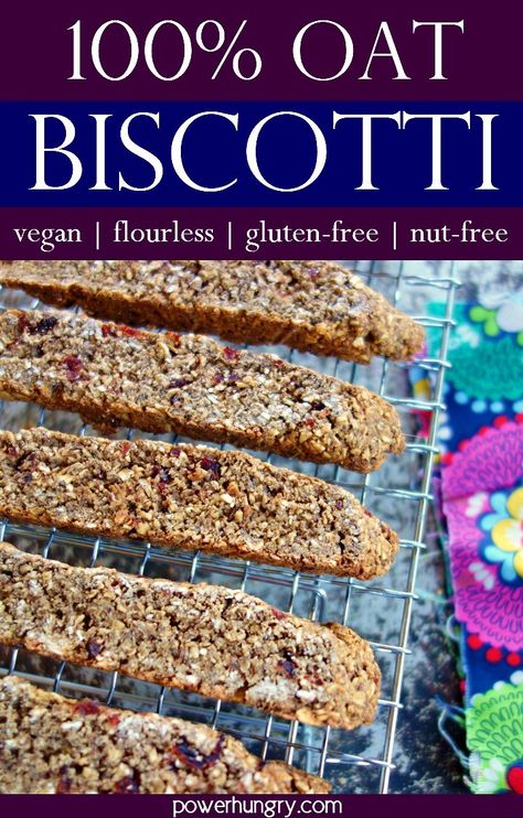 Healthy, 100% oat biscotti that are vegan, flourless, gluten-free, & nut-free! #vegan #glutenfree #nutfree #healthycookie #vegancookie #oats #oatmeal #portablebreakfast #biscotti #flourless #flax #highfiber #cleaneating #cleaneats #healthysnack #eggfree #dairyfree Healthy Biscotti Recipe, Gluten Free Biscotti Recipe, Oatmeal To Go, Gluten Free Biscotti, Rusk Recipe, Bowl Of Oatmeal, Biscotti Recipe, Cooling Rack, Power Hungry