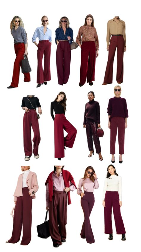 Burgandy Pants Outfits, Outfit Pantalon Vino, Deep Winter Palette Outfits, Burgundy Pants Outfit, Burgundy Trousers, Pants Outfit Work, Casual Work Outfits Women, Burgundy Outfit, Color Combos Outfit