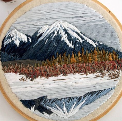 Embroidered Mountain Scene, Embroidery Landscape Easy, Mountains Embroidery, Mountain Embroidery, Cottagecore Embroidery, Embroider Ideas, Embroidery Crafts, Landscape Quilts, Diy Embroidery Patterns