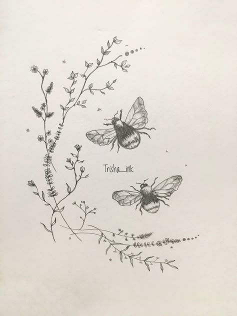 Bee And Plant Tattoo, Garden Tattoo Thigh, Bees And Butterflies Tattoo, Bee Tattoo With Flowers, Bee Tattoo Arm, Small Insect Tattoo, Flower And Bee Tattoo, Floral Bee Tattoo, Earthy Tattoos Nature