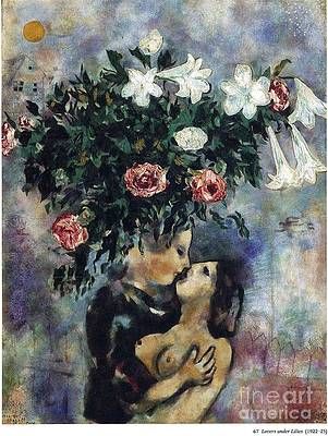 Marc Chagall Wall Art - Painting - Lovers Under Lilies by Marc Chagall Surreal Flowers, Art History Timeline, Chagall Paintings, Tender Is The Night, Art Journal Inspo, Odilon Redon, Finsbury Park, Art Expressions, Oil Painting Tutorial